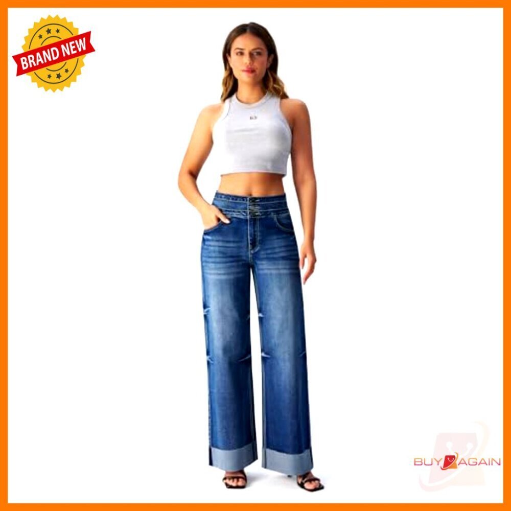 High Waisted Stretchy Wide Leg Jeans Cuffed Baggy Loose Denim Pants - Picture 3 of 7